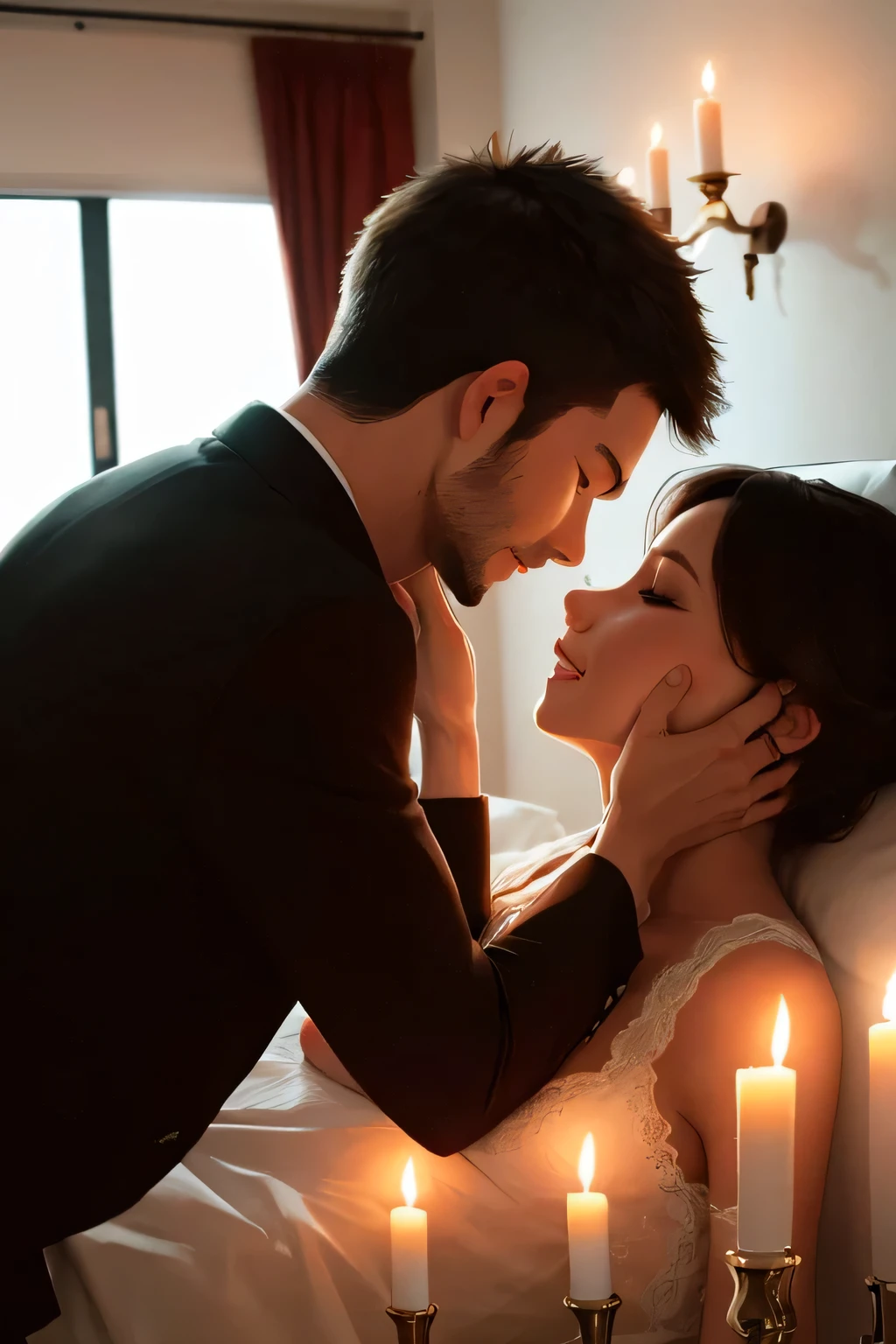 Boy and woman, beautiful woman, kissing each other with passion, in a bedroom, bright room, candles lit, night time,