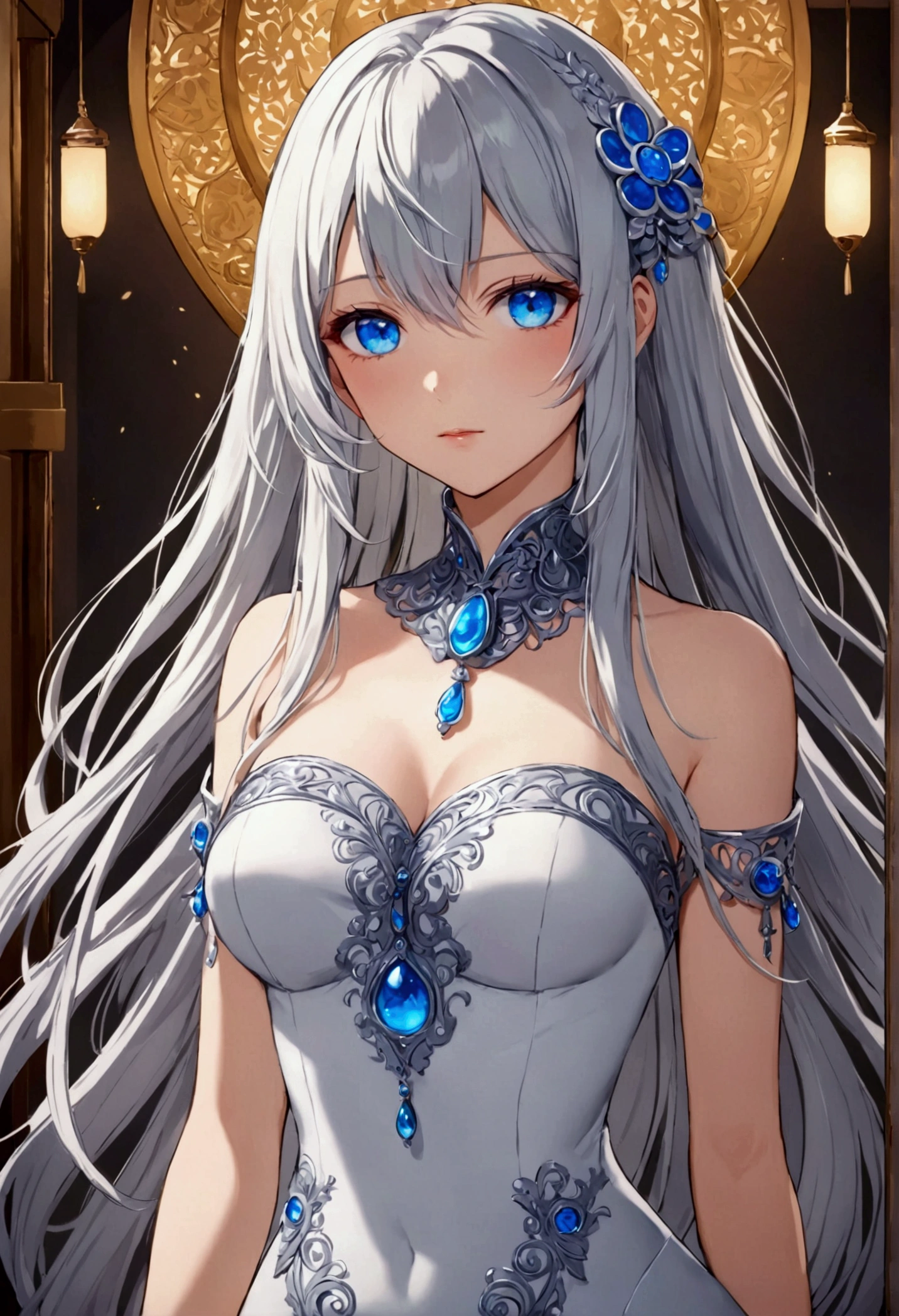 (Ultra-high resolution , highest quality, high contrast, masterpiece:2.0,highest quality,best aesthetics, high detailed, very detailed, high detail quality, up to date ) ((detailed)) ((pretty eyes)) ((upscale)) ((best quality)) ((masterpiece)) A pretty woman with pretty grey eyes that have the color of metal and snow shining, snow-white hair that shines like snowflakes, a beautiful fantasy fancy detailed dress with many silver, black, blue, white and black details, white flowers, pretty flowers, very detailed, snow, perfect face, detailed clothes, flower detail on clothes, white shine, colorful detail, snowflake detail, snow detail, amazing beauty