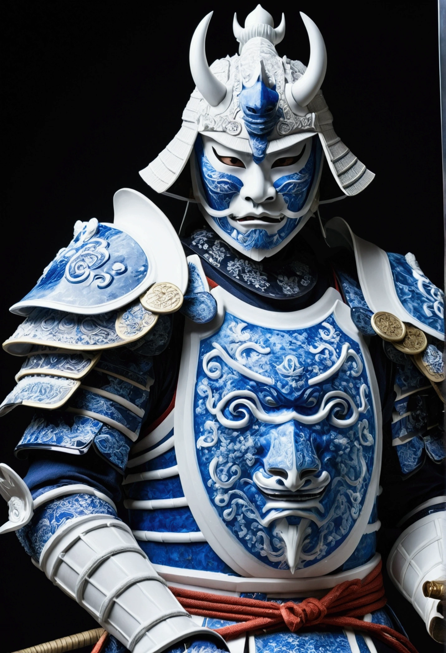 A samurai with white, blue armor and a mask and a sword made of ice 