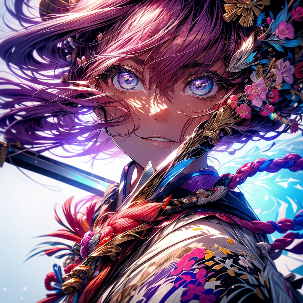 High resolution, professional photography, low aperture, Japanese painting aesthetic, an attractive Japanese woman smaurai with pink hair wearing a white and purple kimono and samurai armor, holding a naginata