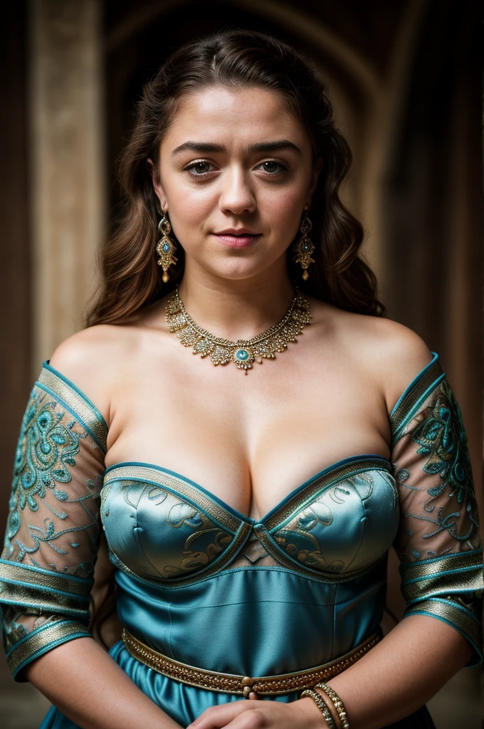 Foto RAW, Arya Stark, Stunning Beauty, Ravishing, Enchantress, Extremely gorgeous lady, Arya Stark PLAYED BY MAISIE WILLIAMS, Queen Arya Stark, she  a mature woman now, milf, sexy mediaeval battle dress, gladiator woman, body, 40 years old Woman, Roman slave dress, cotton dress, busty mediaeval costumes, body revealing costumes, perky breast, big natural breast, erotic costumes, lusty physique, seductive figure can capture every people's attention, Game of thrones costumes, revealing captivating figure, Mediaeval costumes, revealing clothes, A tomboy, she would rather fence than dance, warrior queen , game of thrones screen caps, Game of Thrones Series, (pele altamente detalhada: 1.2), 8k UHD, DSLR, soft-lighting, alta qualidade, grain of film, Fujifilm XT3, flawless picture, highly detailed, detailed Beauty, intricate, 32k, sharp picture,