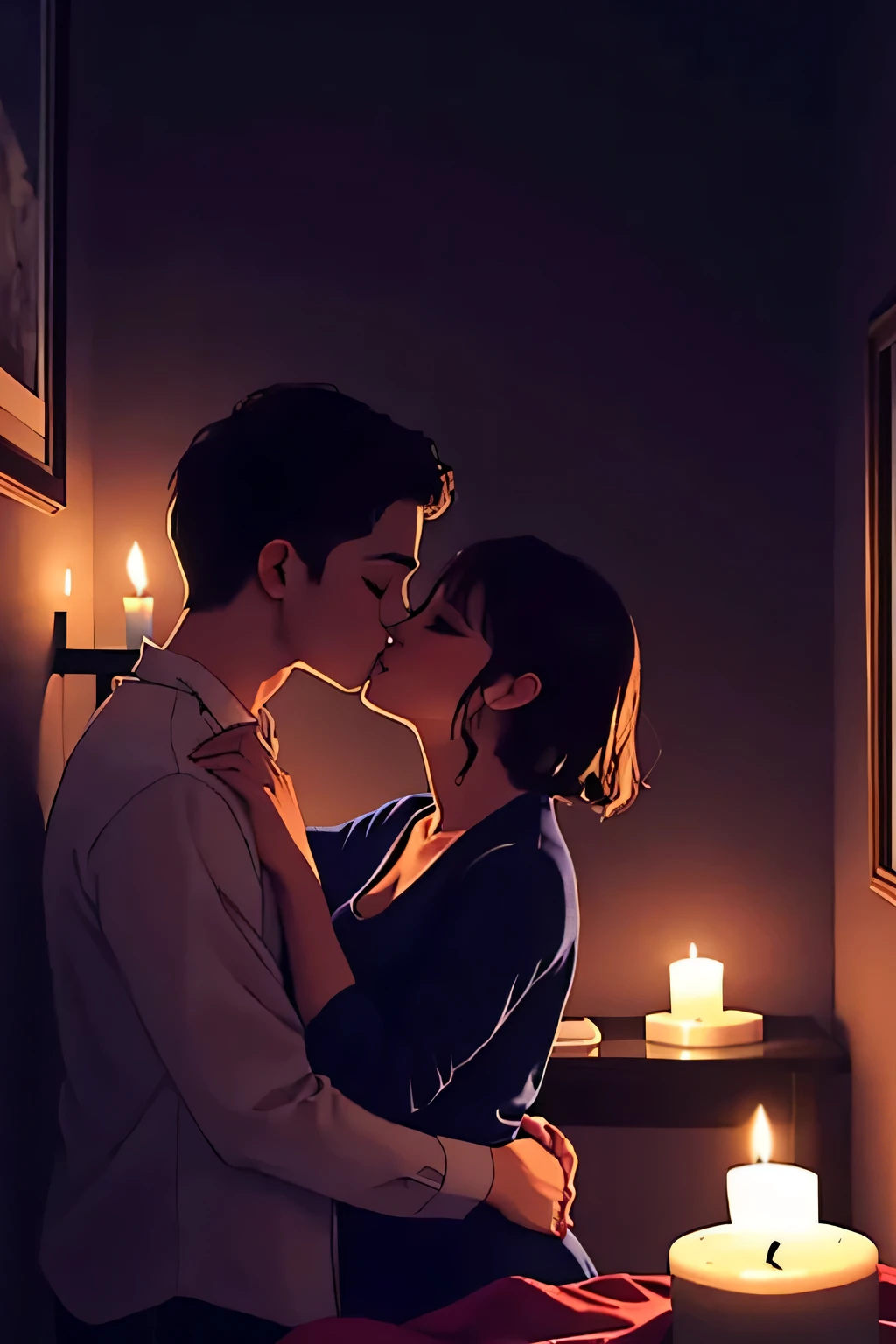 Boy and woman, beautiful woman, kissing each other with passion, in a bedroom, bright room, candles lit, night time,