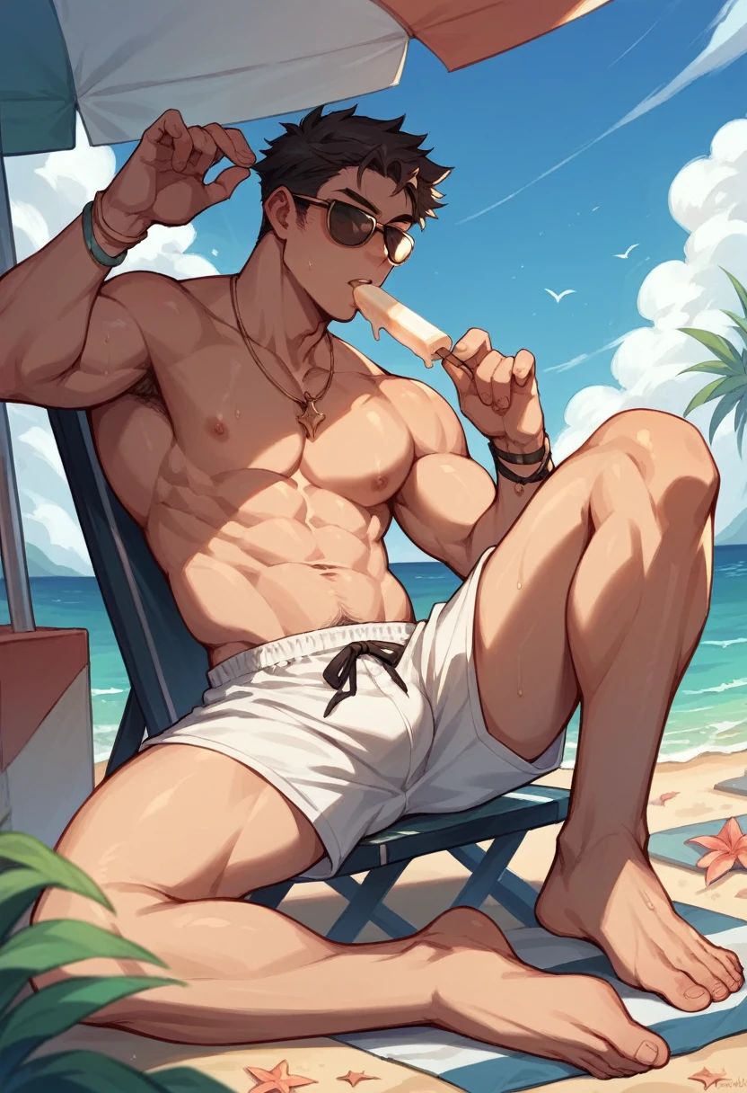 A dark-haired man wearing sunglasses sitting on a chair on the beach, he wears white swim trunks and is sucking on a popsicle 