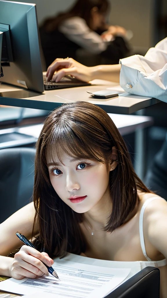 Tabletop, Highest quality, Very detailed, finely, High resolution, 8K Wallpaper, Perfect dynamic composition, beauty、、Tap on the shoulder、Beautiful and detailed,Small face、Pure girl、thin、Thin body、thin、White business shirt、Natural color lip,office, Get to your desk、A lot of paperwork on the desk,、Operate a computer and do work、Hit the keyboard、My eyes are on the desktop、 Brown Hair、Short Bob、bangs、Beautiful breasts,thin体型、 Stern expression、