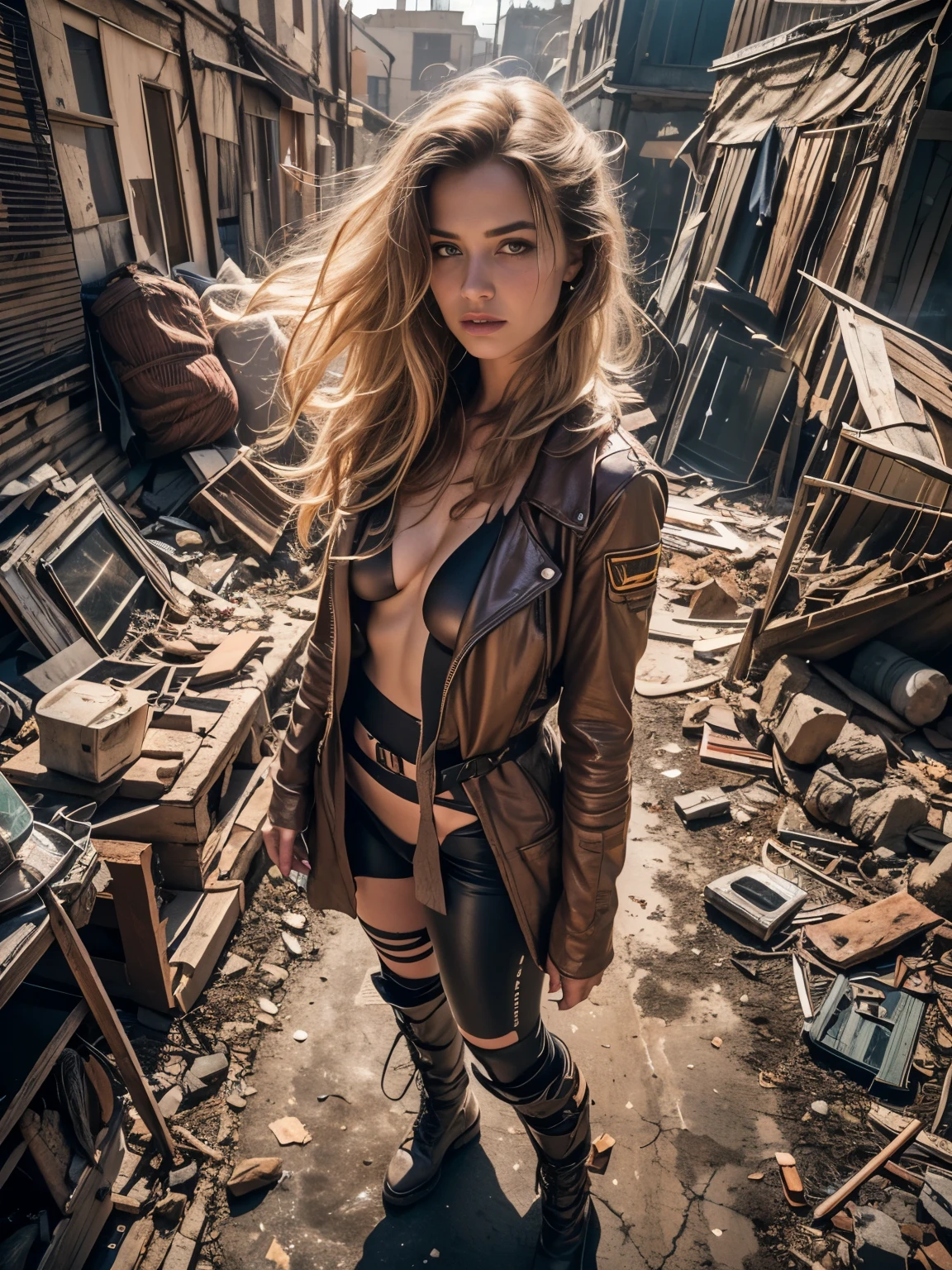 (((Fisheye, 5mm lens, from above))) Full body shot, RAW photograph, an ultra hot gorgeous European french woman , age 23, She’s a playmate and men magazine supermodel. dirty sweaty face, long dirty blonde hair, wind blown hair, jedi robes, Jedi Master, sexy, Against the backdrop of a desolate post-apocalypse, hero landing pose, crouched, torn costume, costume with lots of holes and tears in it, lots of skin showing, lots of cleavage visible, torn clothes, destroyed buildings, Carcasses of burnt war vehicles, tracer bullet flares on background, Oppressive atmosphere, Dark skies, photo realism, sharp-focus, fallout, science fiction, cinematic scene, space vehicles in sky, movie scene. Backlight. Perfect anatomy, perfect hair, perfect breast, perfect body, perfect hands, perfect face, perfect eyes, accurate, anatomically correct, perfect clear and crisp focus, UHD, masterpiece,