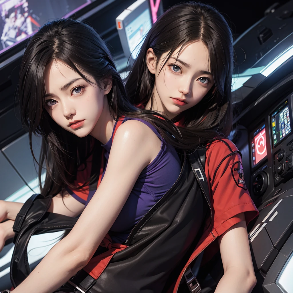 1girll,dramatic lights,Pink mech,Mecha warrior,full bodyesbian,(Fly in the sky:1.6),adolable,flatchest,The chest is very small,High ponytail,By bangs