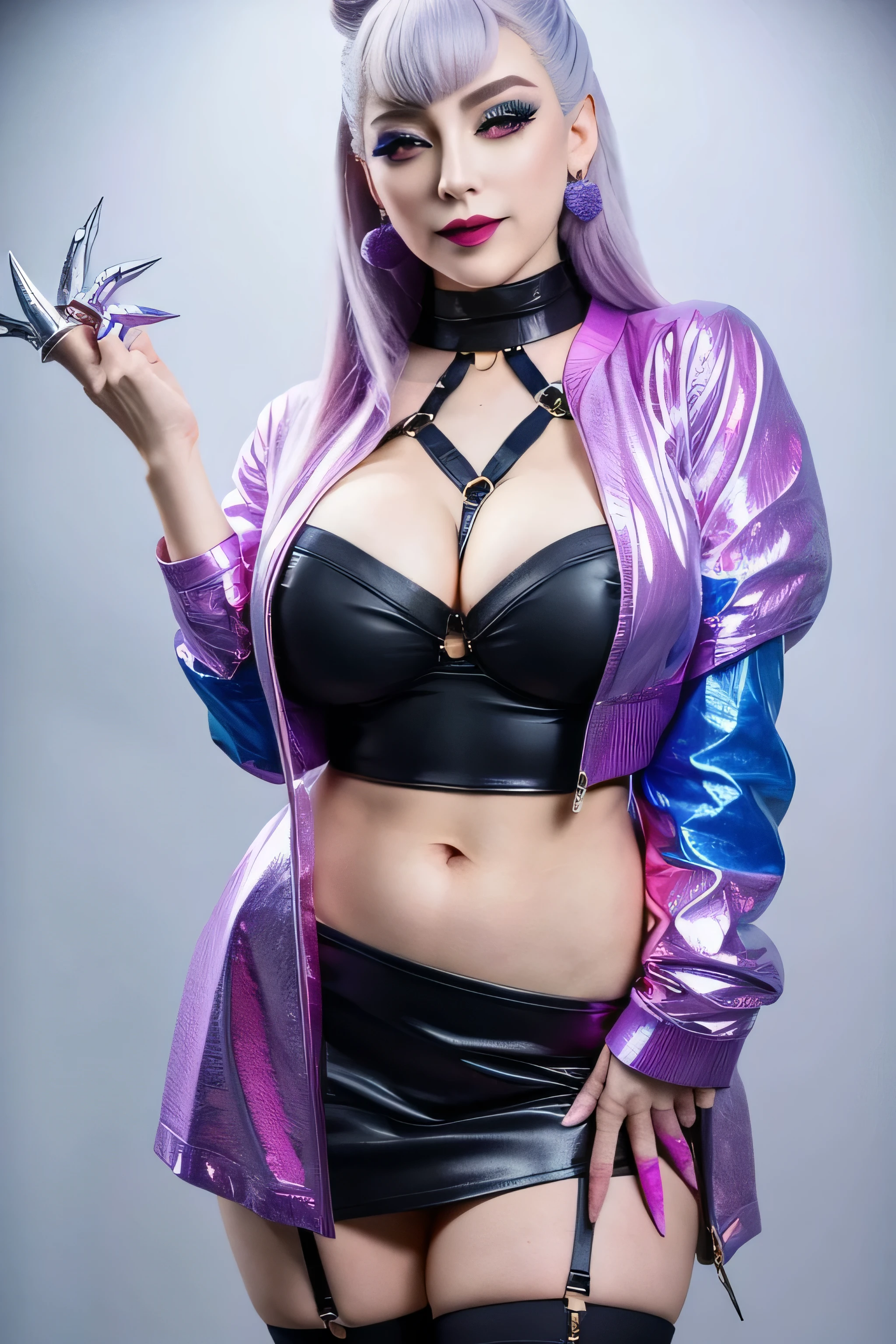 masterpiece, best quality, 1girl, idol, shiny, stage lights, close-up, kdaevelynn with pink grey hair and orange eyes, wearing kdaoutfit, large breasts,jacket and skirt and stockings and claws,