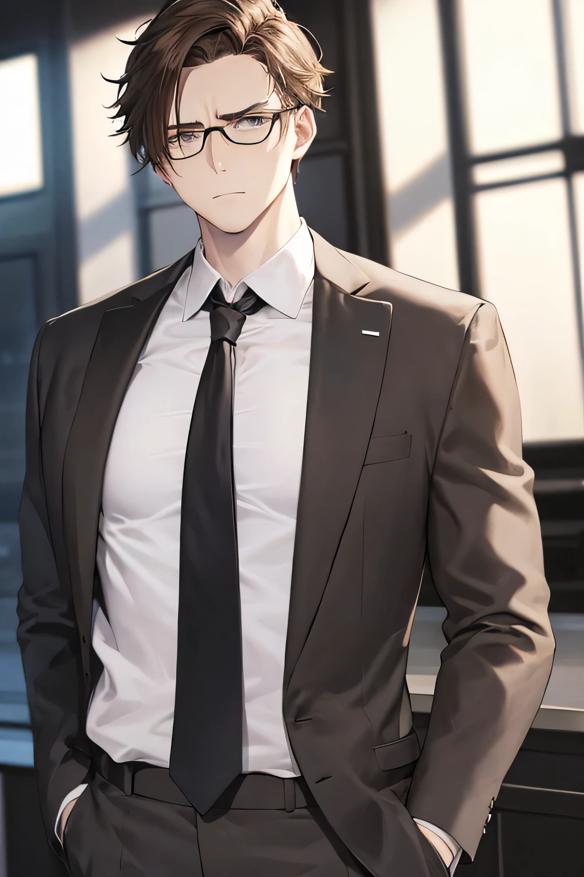 A tall white-skinned man, brown hair combed in a formal way, eyes the color of honey, black glasses, He wears a light brown suit and a light tie., with serious expression
