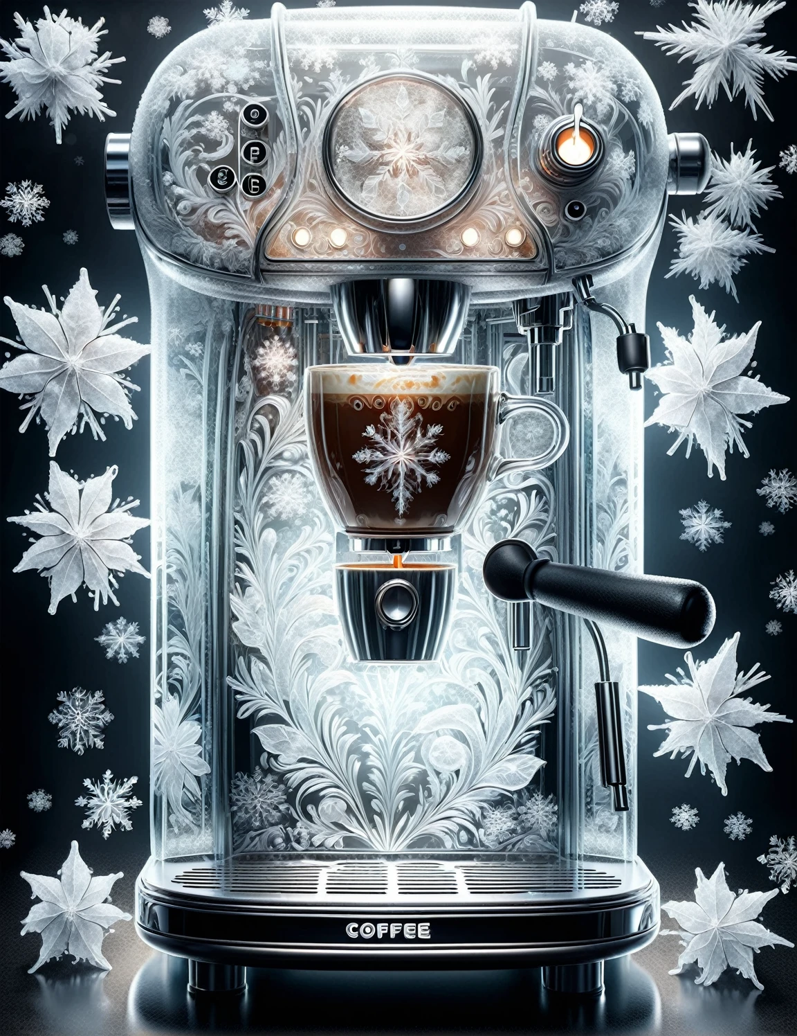 FrostedStyle Highly detailed Dynamic shot of a transparent frosted glass coffee machine, extremely detailed, peppermint coffee