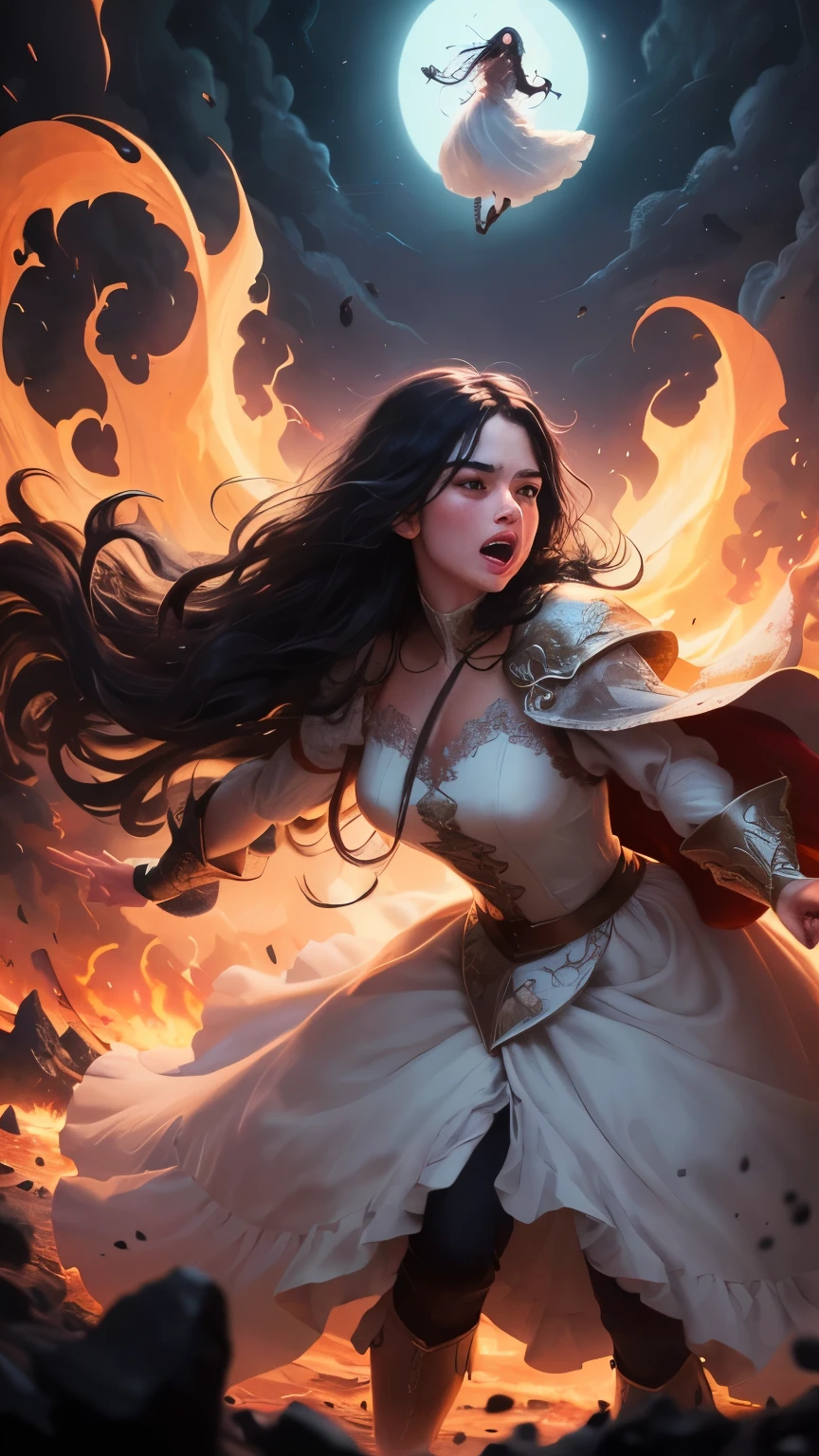 ((best quality)), ((masterpiece)), (detailed), A digital illustration of a furious long black haired woman wearing a full white princess dress throwing the head of a giant monster at night. The background is lava