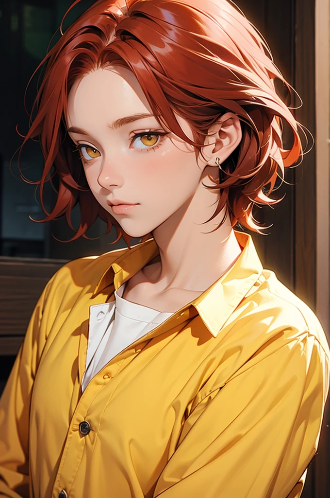 Cute and tender red-haired boy with yellow eyes and wearing a long shirt