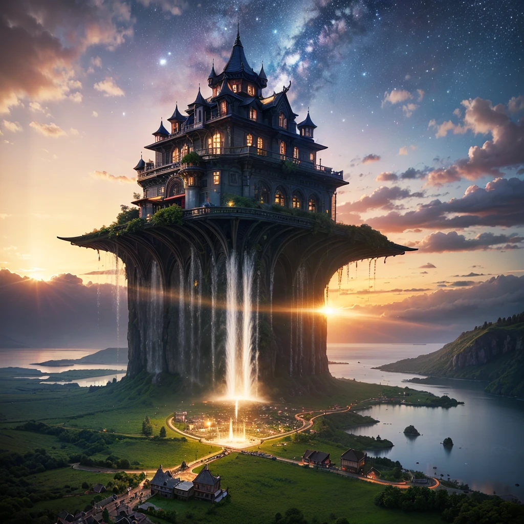 (8k, highest quality, masterpiece, final fantasy style: 1.2), (unRealistic, photoRealistic: 1.37), Dreamy landscape, Fantasy, Unsurreal landscapes, Super detailed, Flying Castle, Floating Island in the Sky, Seven-colored swirl of light, Intense lightning, milky way, Complex Light, Colored light, Large Lake, Starry sky reflected on the lake surface, Countless shining stars, Meteors, Reflections , (A pillar of light emanated from the ground:1,2),heavenly roses and orchids gardens on the ground , sunset, pink clouds, waterfall in the sky, realistic style, Hyperrealism drawing, fairies flying,