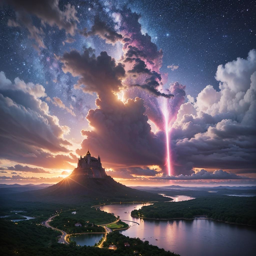 (8k, highest quality, masterpiece, final fantasy style: 1.2), (unRealistic, photoRealistic: 1.37), Dreamy landscape, Fantasy, Unsurreal landscapes, Super detailed, Flying Castle, Floating Island in the Sky, Seven-colored swirl of light, Intense lightning, milky way, Complex Light, Colored light, Large Lake, Starry sky reflected on the lake surface, Countless shining stars, Meteors, Reflections , (A pillar of light emanated from the ground:1,2),heavenly roses and orchids gardens on the ground , sunset, pink clouds, waterfall in the sky, realistic style, Hyperrealism drawing, fairies flying,