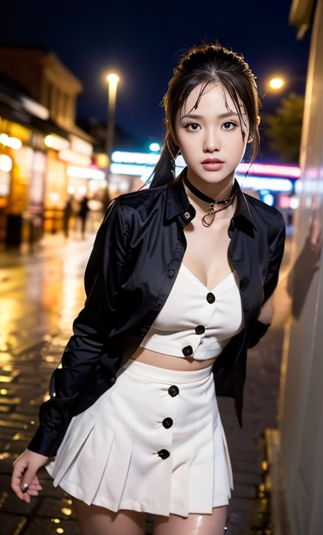 Girl with medium short black hair. At night on a balcony while smoking