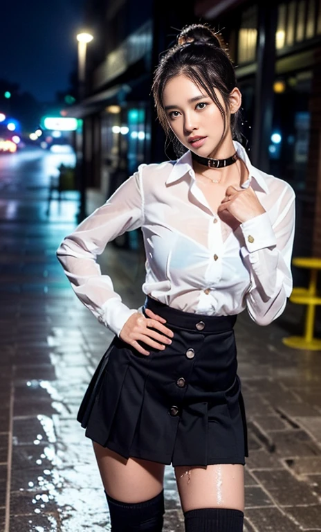 (a gorgeous lady, age 22, white shirt with collar & buttons, (wet clothes:1.20) pleated mini-skirt, knee high socks, standing outside a Cafe, hands on hip, rainy night, dimples, cute snaggle-tooth, ponytail, photorealistic, beautiful detailed face, beautiful detailed eyes, healthy body proportion, ample round ?????, ??????, hyper-realism, high contrast, ultra HD, realistic skin textures, top image quality, top-quality, super high resolution, fine details, very meticulously, masterpiece, head to thigh, cowboy_shot, night bokeh background, vivid colours, NSW)