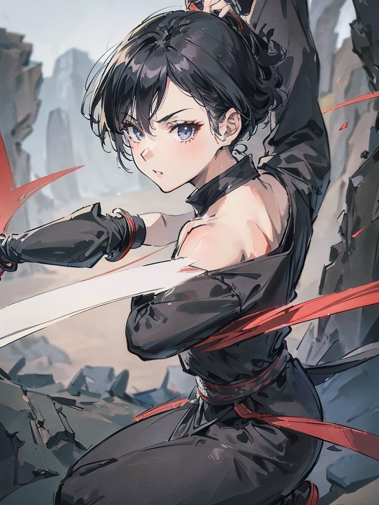 character design sheet, young woman in ninja outfit, black costume with ninja weapons, woman with short white hair, on parchment, HD, ((8k, 4K) Great quality, detailed character