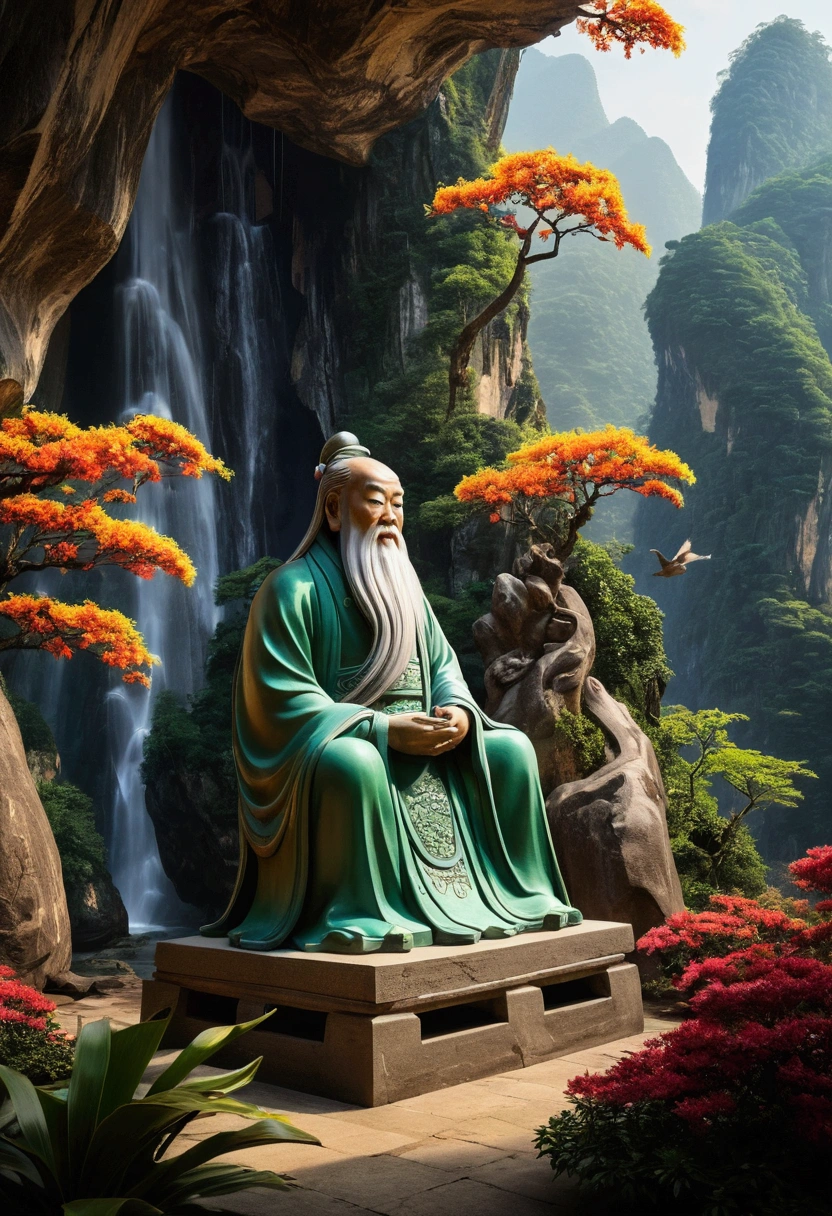 (large vibrant painting,heightened color contrast) A majestic scene in the legendary Flower and Fruit Mountain of Dongsheng Divine Land unfolds before your eyes. The lush green landscape stretches as far as the eye can see, with vibrant flowers and ripe fruits adorning the trees. The air is filled with the sweet scent of blossoms and the melodious chirping of birds. The natural beauty of the surroundings is complemented by the presence of the mythical Water Curtain Cave, a magnificent structure carved out of stone by human hands, glistening in the soft sunlight. The stones, having absorbed the essence of the sun and moon, exhibit a mesmerizing luster, emanating a divine energy that fills the area. At the heart of this enchanting scenery, the revered figure of the Supreme Patriarch Laozi, also known as the Taishang Laojun, can be seen gently caressing one of these meticulously sculpted stones. His wise and serene presence adds an aura of mysticism to the entire scene. With the best quality rendering, this masterpiece of an artwork depicts every nuanced detail in ultra-realistic fashion. The vibrant colors, enhanced by the use of HDR and studio lighting, bring the image to life with vivid intensity. The composition captures the essence of the divine atmosphere of the Flower and Fruit Mountain, while paying homage to the traditional elements of ancient Chinese mythology.