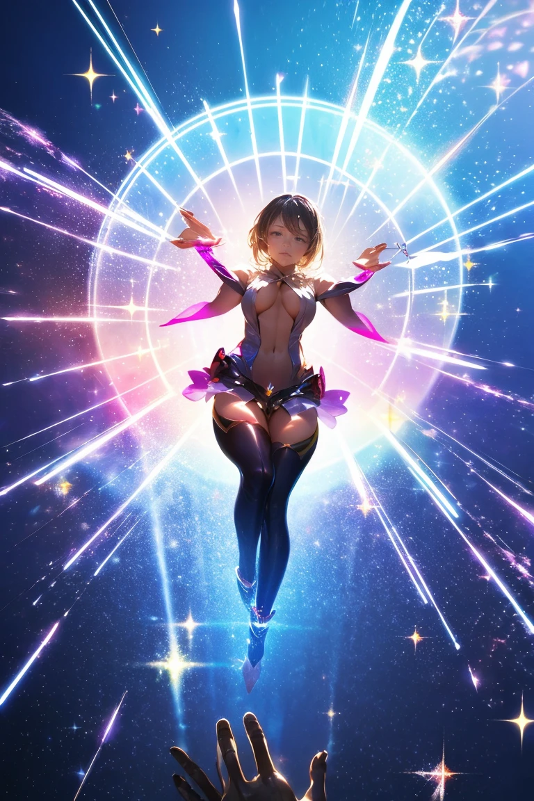 (Masterpiece artwork:1.2), (the best quality:1.2), perfect lighting, black magician girl (casting a spell: 1.3), In your twenties, (floating in mid - air: 1.3), Visible medium breasts, cleavage transparent,  from above, SPARKLES, (Hands with magical effects: 1.4 )magic in your hands, Apocalypse Background