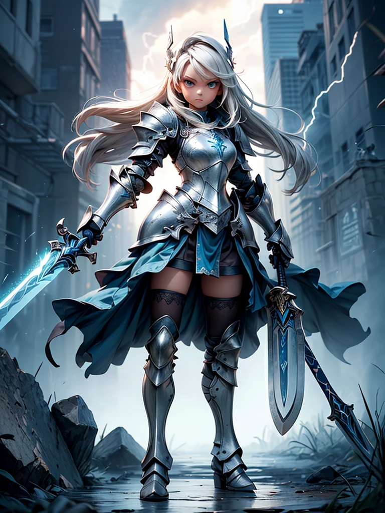 (((masterpiece, best quality, high detailed, 8k))) Design a layout showcase Gaming character, (1girl). Silver+Blue armor, stylish and unique. ((showcase weapon:1.4)), lightning rod. (masterpiece:1.2), (best quality), 4k, ultra-detailed. (Step by step design, layout art:1.5), (luminous lighting, atmospheric lighting). storm mage, ((glove full hands)), (((revealing armor:1.3))), vambraces, armored legwear, (((full_body_shot:1.4))). {During a thunderstorm}.