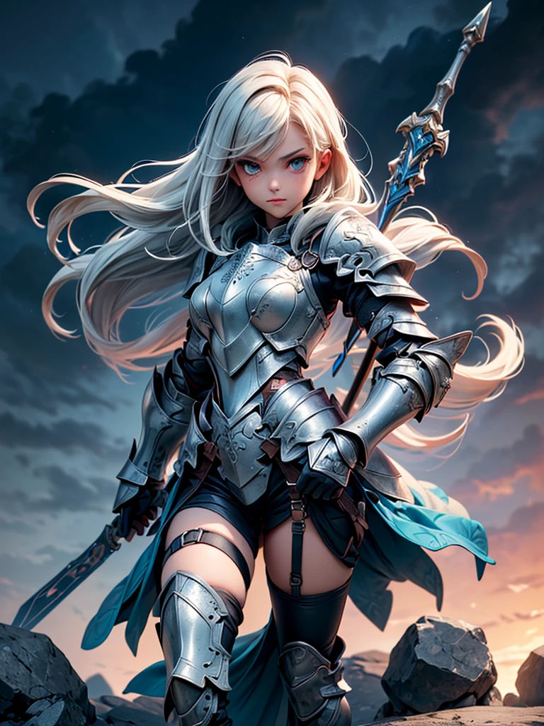 (((masterpiece, best quality, high detailed, 8k))) Design a layout showcase Gaming character, (1girl). Silver+Blue armor, stylish and unique. ((showcase weapon:1.4)), lightning rod. (masterpiece:1.2), (best quality), 4k, ultra-detailed. (Step by step design, layout art:1.5), (luminous lighting, atmospheric lighting). storm mage, ((glove full hands)), (((revealing armor:1.3))), vambraces, armored legwear, (((full_body_shot:1.4))). {During a thunderstorm}.