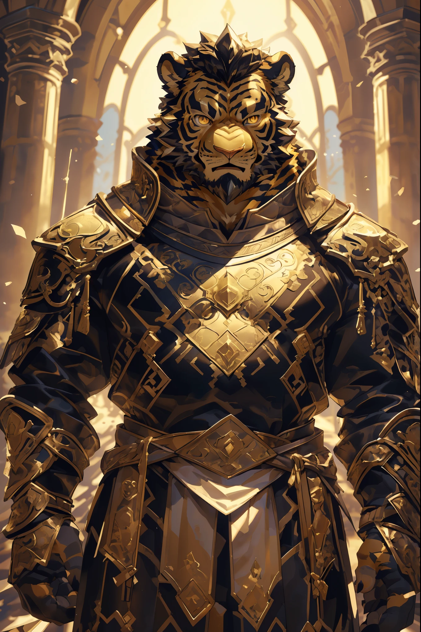 (Scarred body),(Wearing a dark black robe:1.5),king,16k high quality detailed art,(Wearing scarlet blood accessories:1),(Golden Tiger:1.1), (((White and golden fur:1.5))),(Duotone),(A pair of eyes of different colors, One eye has a golden eye,The other eye is blue:1.7),Both eyes are the same size:1.4),(Muscular body:1.3),Handsome,(OK),(Perfect face),(Exhausted:1.1),(Gold and white skin:1.3),(Whole body description:1.3),Publaz, (Golden Tiger:1.1), (((Gold and white fur:1.3))),Handsome, (OK),Express,(Background of the Royal Palace),(Cold expression:1.3),(Golden Tiger tail),不同的Express,(Perfect masterpiece),(32K),(Abdominal muscles:1.3),(((middle aged:1.4))),(36 years old),(Gold Stripes),Solitary,(Black sideburns:1.2),(black beard:1.3),(Black Chin:1.3),(Gold face pattern:1),(Very rich facial details:1.3),(Strong),(Mighty pose:1.3),Front view,(CG),(HD),(Black Hair),Full body portrait,(Detailed background:1.3),(Dark ink armor:1.3),The murderous gaze,(Pure black pupils:1.3),