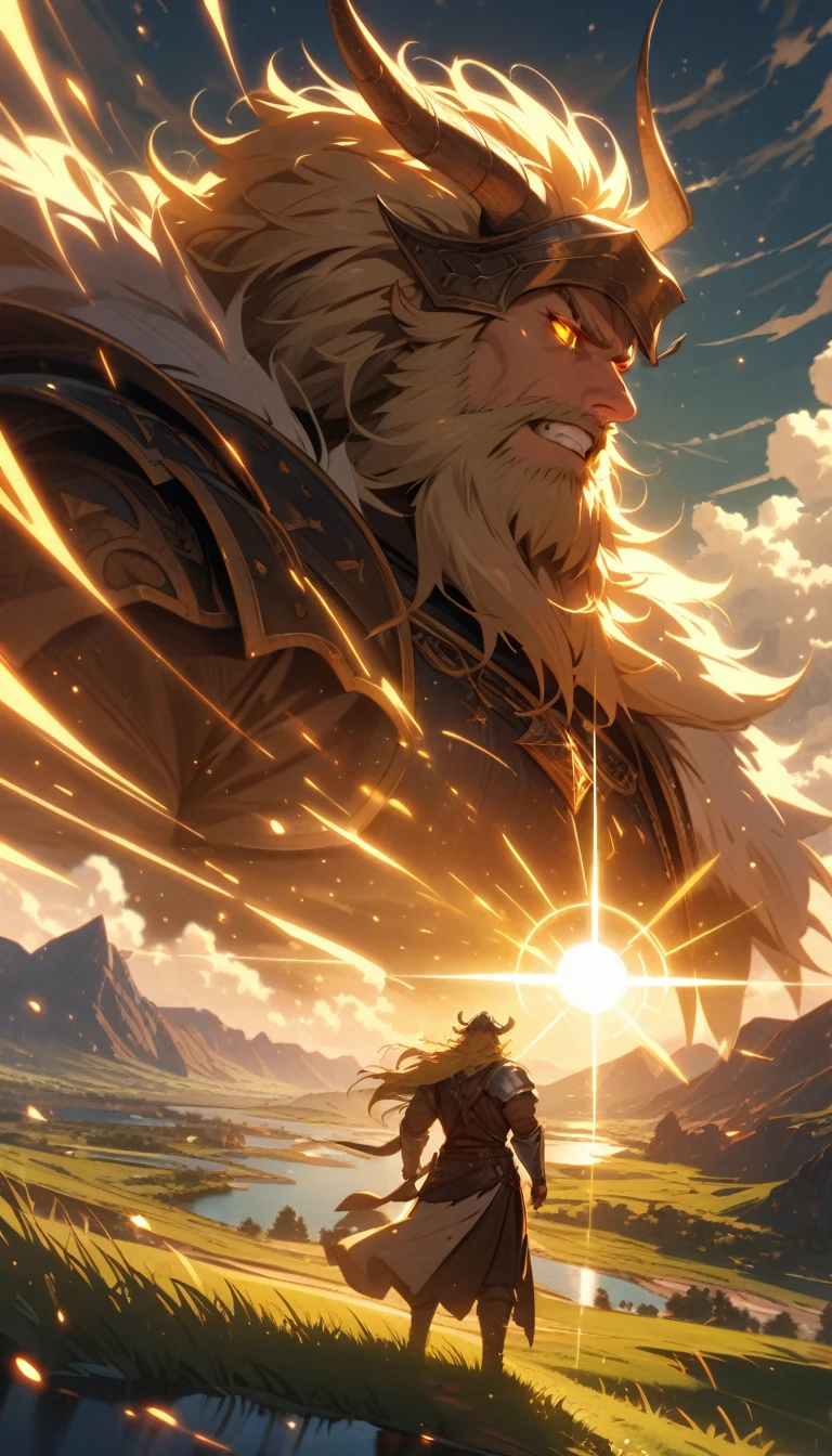 ((best quality)) , ((masterpiece)) , (detailed),horns, giant, glowing, glowing eyes, beard, male focus, 1boy, helmet, holding, facial hair, fur trim, teeth, muscular,((full body)),((messy hair)),(grassland),(yellow eyes),incredibly absurdres,(gold hair),floating hair,Large number of environments,the medieval ,grace,prospect,water eyes,wind,breeze,god ray,lawn,Mountains and lakes in the distance,The sun shines through the trees,A vast expanse of grassland