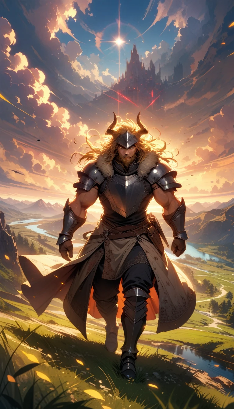 ((best quality)) , ((masterpiece)) , (detailed)，horns, giant, glowing, glowing eyes, beard, male focus, 1boy,  helmet, holding, facial hair, fur trim, teeth, muscular,((full body))，((messy hair)),(grassland),(yellow eyes),incredibly absurdres,(gold hair),floating hair,Large number of environments,the medieval ,grace,prospect,water eyes,wind,breeze,god ray,lawn,Mountains and lakes in the distance,The sun shines through the trees,A vast expanse of grassland