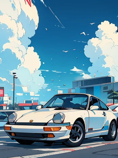 graphic design, Drawn with clear lines, Hideto Suzuki art style, City Pop Style, Blue sky and white clouds, Clear lines, Flowing, thick lines, White Porsche 911, Minimalist Geometry, No humans, 細いLine art, Line art, figure, Vivid and saturated colors,