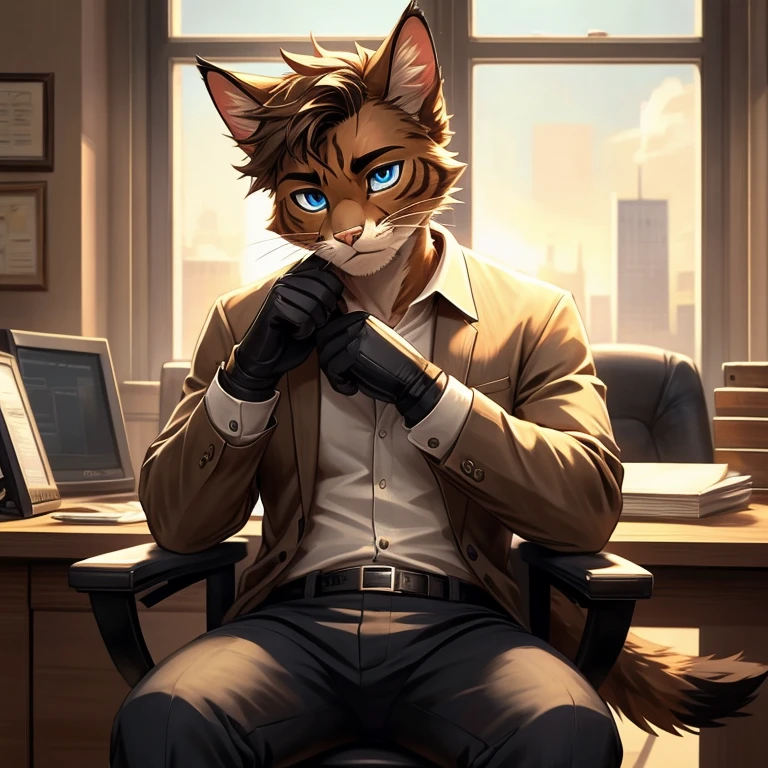 Masterpiece, best quality, high quality, One Male Brown stripes cat, Solo, has Blue eyes, handsome face, wears pants with detective shirt, has cat ears, has One cat tail, whiskers twiching, bored pose, bored expression, in the office, detective aesthetic, wears black gloves, sitzing in the chair, in front of the table, sunny day