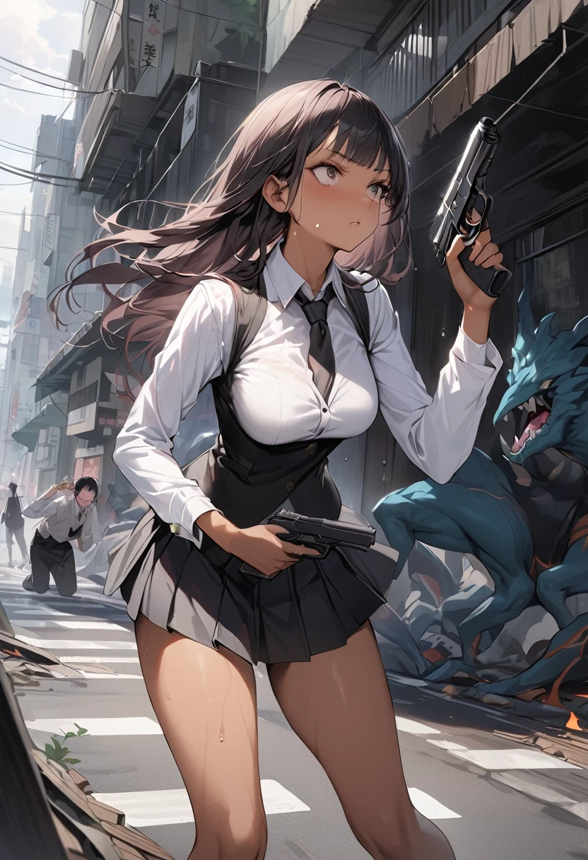 nsfw,(Woman and monster fight scene),((masterpiece,Highest quality:1.3,best quality illustration)),realistic,cowboy shot,1woman,(22 year old beauty),((very small head:1.4)),ideal ratio body proportions,dark blue hair,straight long hair,bangs,black eyes,gorgeous big eyes,Heavy breathing、((tan skin,skinny,Injury:1.3)),(severely torn clothes、Black tie、White collared shirt、Long sleeve、Black pleated mini skirt)),medium breasts,gleaming skin,slender body,sweat:1.3,(Holding a detailed handgun),on street,(Multiple Monsters)、Collapsed Buildings、Tokyo、