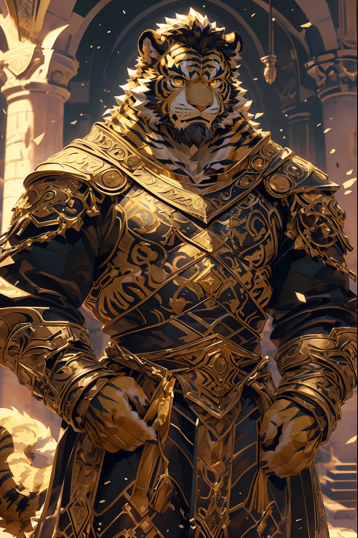 (Scarred body),(Wearing a dark black robe:1.5),king,16k high quality detailed art,(Wearing scarlet blood accessories:1),(Golden Tiger:1.1), (((White and golden fur:1.5))),(Duotone),(A pair of eyes of different colors, One eye has a golden eye,The other eye is blue:1.7),Both eyes are the same size:1.4),(Muscular body:1.3),Handsome,(OK),(Perfect face),(Exhausted:1.1),(Gold and white skin:1.3),(Whole body description:1.3),Publaz, (Golden Tiger:1.1), (((Gold and white fur:1.3))),Handsome, (OK),Express,(Background of the Royal Palace),(Cold expression:1.3),(Golden Tiger tail),不同的Express,(Perfect masterpiece),(32K),(Abdominal muscles:1.3),(((middle aged:1.4))),(36 years old),(Gold Stripes),Solitary,(Black sideburns:1.2),(black beard:1.3),(Black Chin:1.3),(Gold face pattern:1),(Very rich facial details:1.3),(Strong),(Mighty pose:1.3),Front view,(CG),(HD),(Black Hair),Full body portrait,(Detailed background:1.3),(Dark ink armor:1.3),The murderous gaze,(Pure black pupils:1.3),