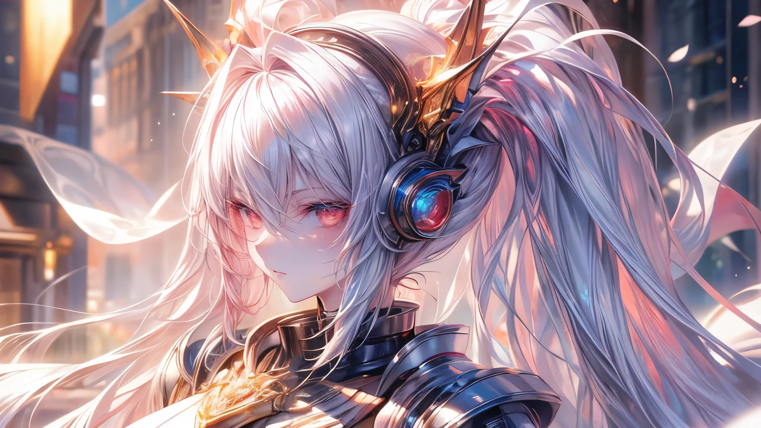 1 Mechanical Girl、((super realistic details))、The left half of the body is a robot、portlate、Detail Face、globalillumination、Shadow、octan render、8K、ultrasharp、metal、with an intricate、ornaments detailed、cold color、Egyptian Detail、highly intricate detail、Realistic light、CGSobody Trends、radiant eyes、Facing the camera、neon details、Mechanical limbs、blood vessels connected to tubes、Mechanical cervix attached to the neck、Wires and cables connecting to the head、bloods、Killing Machine