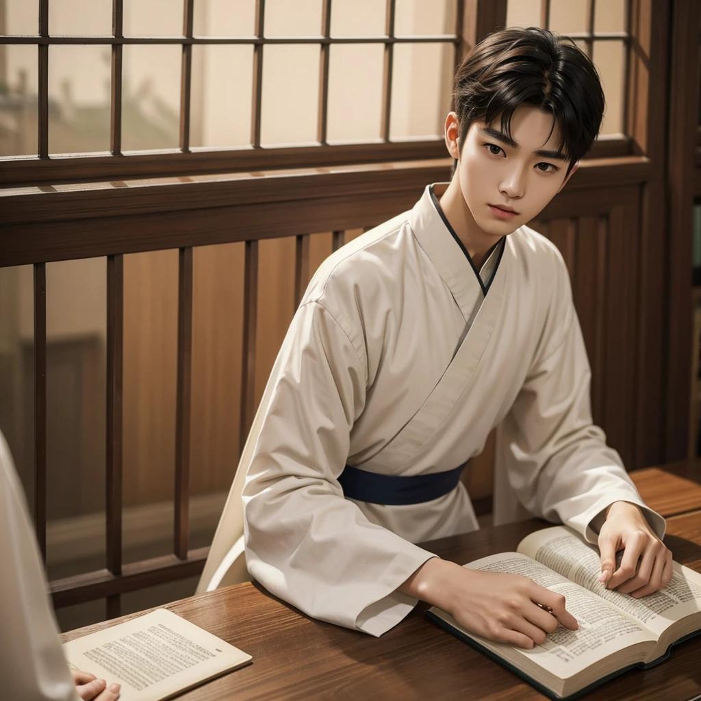 1 Handsome chinese slim guy, 20 years old, very short hair, Youthful, book, Noble, sits at a table, Hanfu