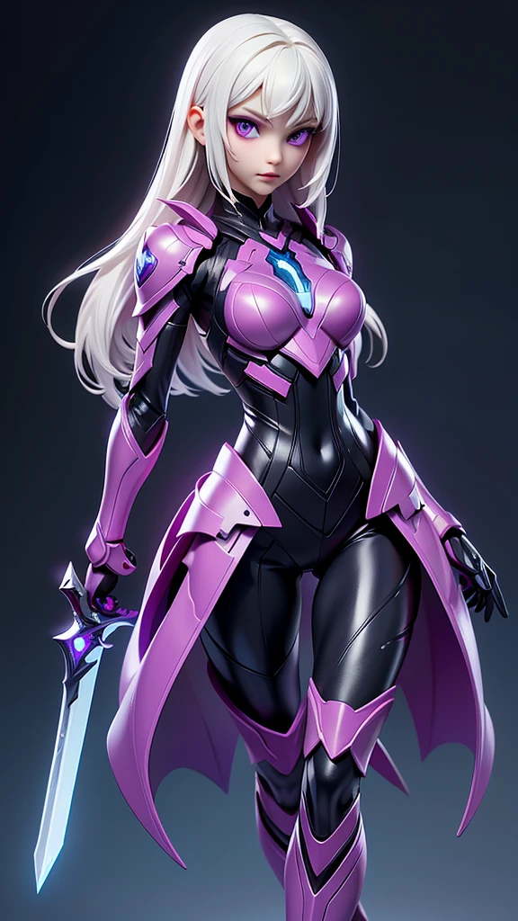 ((Best Quality)), ((Masterpiece)), ((Realistic)) slender, cute girl with medium-length white hair and vibrant purple eyes. She wears a tight-fitting, sleek suit with high-tech boots and chestplates. The outfit includes matching vambraces, all in a futuristic, high-tech design. She wields a high-tech sword, adorned with glowing lights along the blade and hilt. The girl's expression is calm and focused, complementing her stylish, advanced gear.