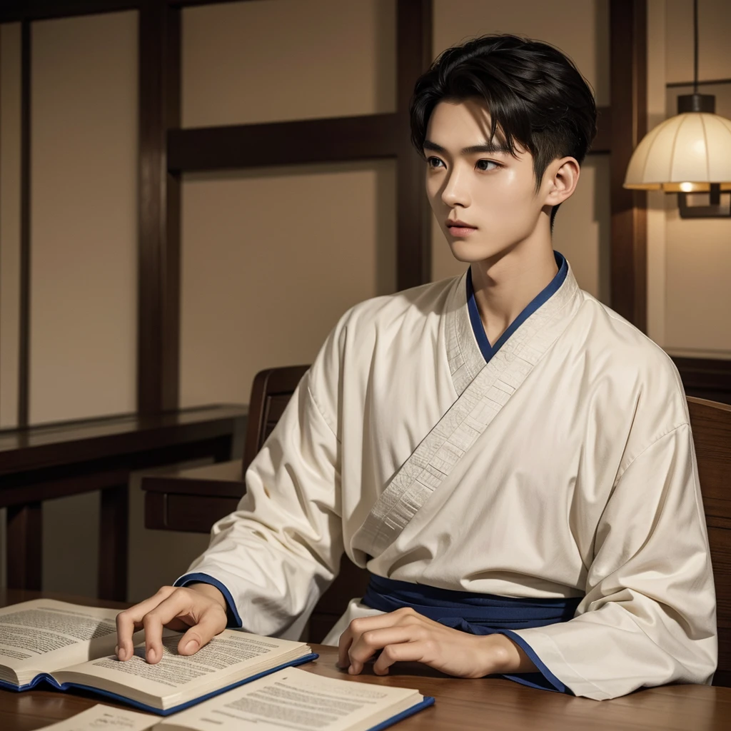 1 Handsome chinese slim guy, 20 years old, very short hair, Youthful, book, Noble, sits at a table,  Hanfu