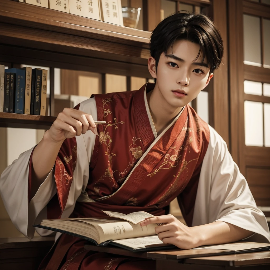 1 Handsome chinese slim guy, 20 years old, very short hair, Youthful, book, Noble, sits at a table, Hanfu