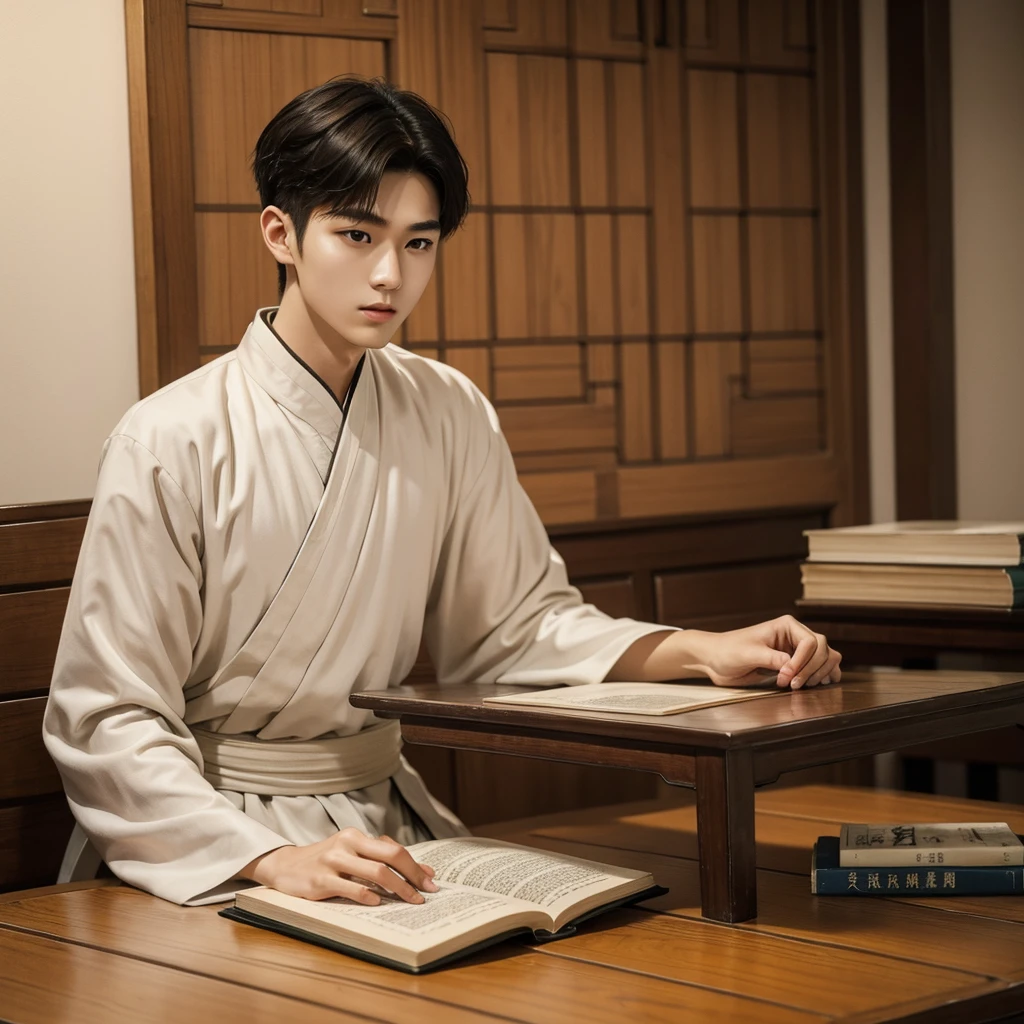1 Handsome chinese slim guy, 20 years old, very short hair, Youthful, book, Noble, sits at a table, Hanfu
