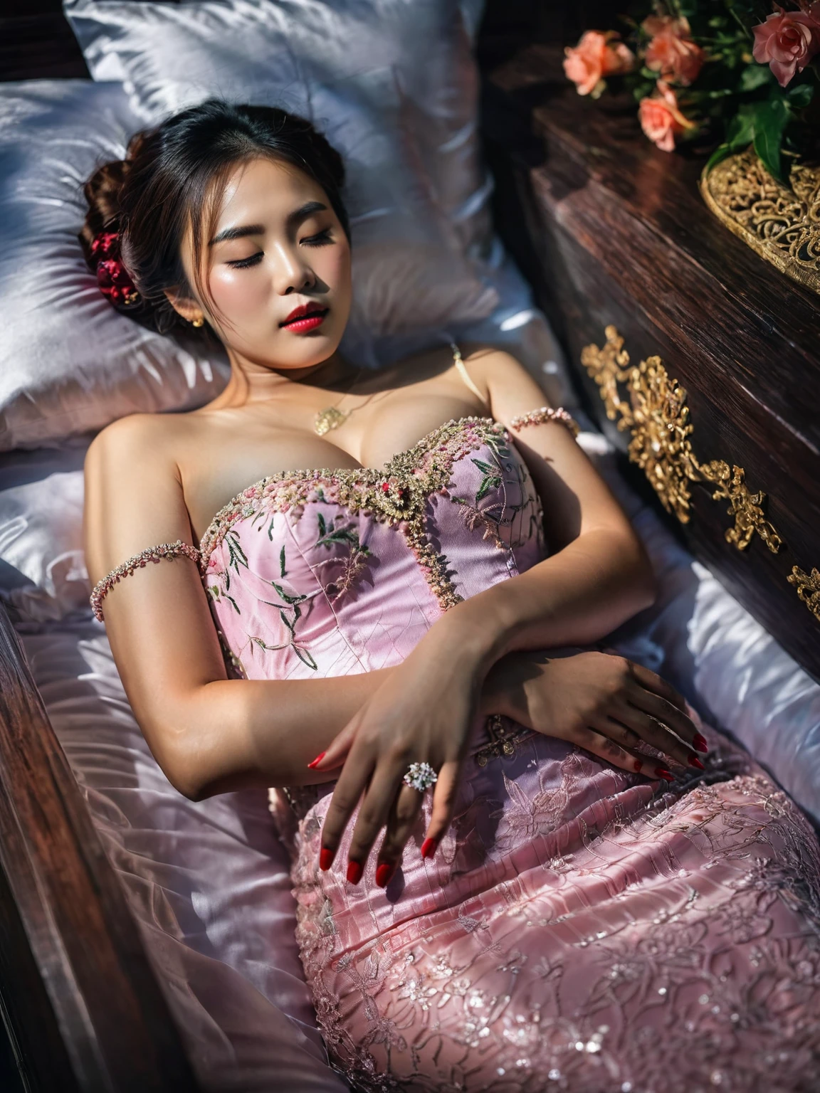 In a striking 8K HDR scene, a stunning Korean woman, 22 years old, lies peacefully in a black coffin surrounded by plush pillows. The deep box is set against a rich black background, accentuating the beauty of the subject. Her exquisite deep-V neckline kebaya attire is embroidered with superb detail, showcasing her round and firm breasts, perfect cleavage, and beautiful eyebrows. Her closed eyes and mouth give an air of serenity, while her visible and absolute cleavage leave nothing to imagination. The scene is bathed in saturated colors, highlighting every intricate aspect from the ball skirt to her clean face, straight body, detailed hand perfect hands, straight body, own hands together, own hand on stomach, detailed hands, perfect hands.