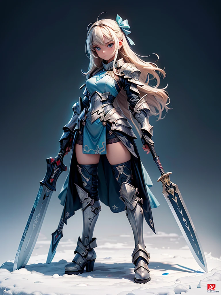 (((masterpiece, best quality, high detailed, 8k))) Design a layout showcase Gaming character, (1girl). Blue|Silver clothes, stylish and unique. ((showcase weapon:1.4)), bow and arrows. (masterpiece:1.2), (best quality), 4k, ultra-detailed. (Step by step design, layout art:1.5), (luminous lighting, atmospheric lighting). archer, ((glove full hands)), (((revealing clothes:1.3))), vambraces, armored legwear, (((full_body_shot:1.4))). {On a snowy mountain}.
