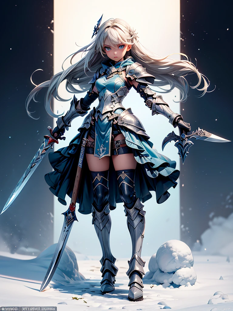 (((masterpiece, best quality, high detailed, 8k))) Design a layout showcase Gaming character, (1girl). Blue|Silver clothes, stylish and unique. ((showcase weapon:1.4)), bow and arrows. (masterpiece:1.2), (best quality), 4k, ultra-detailed. (Step by step design, layout art:1.5), (luminous lighting, atmospheric lighting). archer, ((glove full hands)), (((revealing clothes:1.3))), vambraces, armored legwear, (((full_body_shot:1.4))). {On a snowy mountain}.