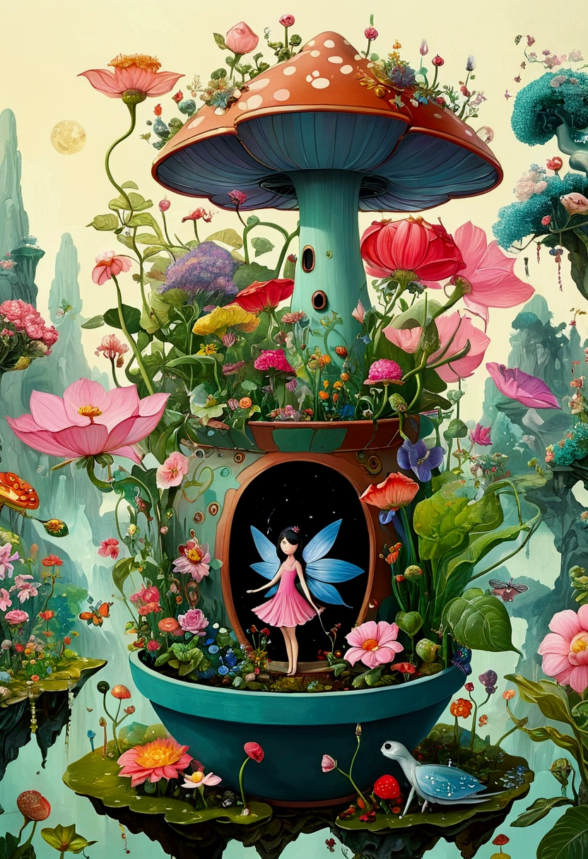 There is a painting,There is a fairy in a flower pot in the painting, An extremely detailed painting by Wu Ya, Winner of the Behance competition, Pop surrealism, Whimsical fantasy landscape art, A beautiful artistic illustration, whimsical surrealism, Color illustrations, very surreal garden, Magical surrealism, lush garden spaceship, Shin Jin Hye Art, bloom. alta fantasia, Affable , Wenjun Lin