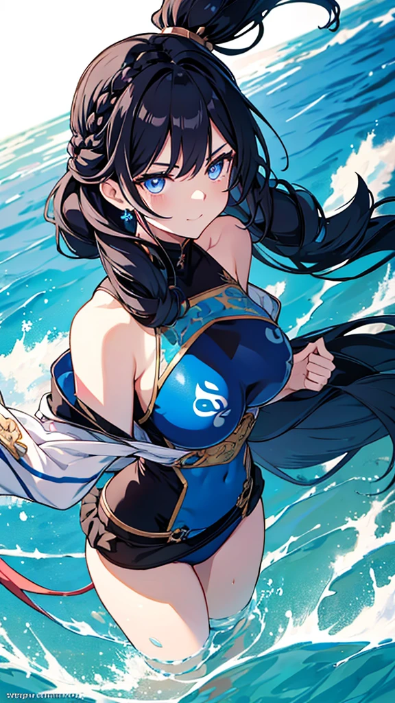 best quality, extremely detailed,anime style girl,long hair down to the waist, straight hair, ((dark black hair with bluish)),((crown braid)),ponytail,beautiful detailed eyes, pinched eyes, (dark blue eyes),((huge breasts)),curvy,((((prince motif swimmingwear)))),((((masculine attire)))),Fine decoration,clothing with complex patterns,beach,((Detailed background)),smile,((dynamic angle)),pov