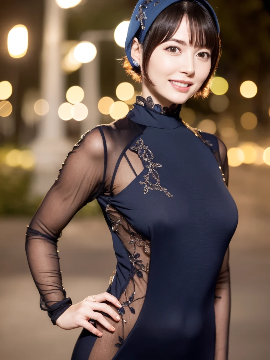 1girl,(wearing a long modest one piece dress:1.3),(RAW photo, best quality), (realistic, photo-realistic:1.4), masterpiece, an extremely delicate and beautiful, extremely detailed, 2k wallpaper, Amazing, finely detail, extremely detailed CG unity 8k wallpaper, ultra-detailed, highres, soft light, beautiful detailed girl, extremely detailed eyes and face, beautiful detailed nose, beautiful detailed eyes,cinematic lighting,city lights at night,autumn scenery,maple trees in autumn,at a park,perfect anatomy,slender,bokeh,body,smiling  (very short and wavy and messy hairstyle),(dynamic angles)