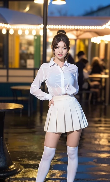 (a gorgeous lady, age 22, tight white shirt , (wet clothes:1.11) pleated mini-skirt, knee high socks, standing outside a Cafe, hands on hip, rainy night, dimples, cute snaggle-tooth, ponytail, photorealistic, beautiful detailed face, beautiful detailed eyes, healthy body proportion, ample round bosom, nipple, hyper-realism, high contrast, ultra HD, realistic skin textures, top image quality, top-quality, super high resolution, fine details, very meticulously, masterpiece, full body shot, cowboy_shot, night bokeh background, vivid colours, NSW)