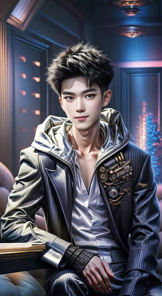 (hoang lap,A high resolution,Hyper-detailing,hdr)Handsome 18 year old boy,solo,short detailed hair,whaite hair,Fine Eye,Detailed face,lounge suit,Real Shadow,cheerfulness