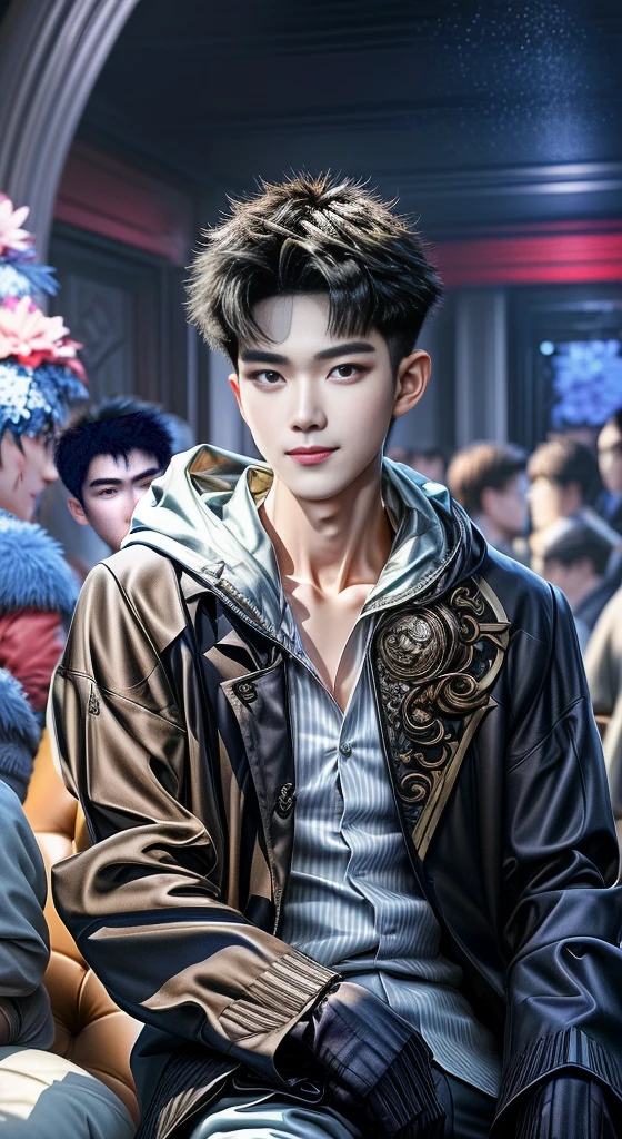 （hoang lap，A high resolution，Hyper-detailing，hdr）Handsome 18 year old boy，solo，short detailed hair，whaite hair，Fine Eye，Detailed face，lounge suit，Real Shadow，cheerfulness