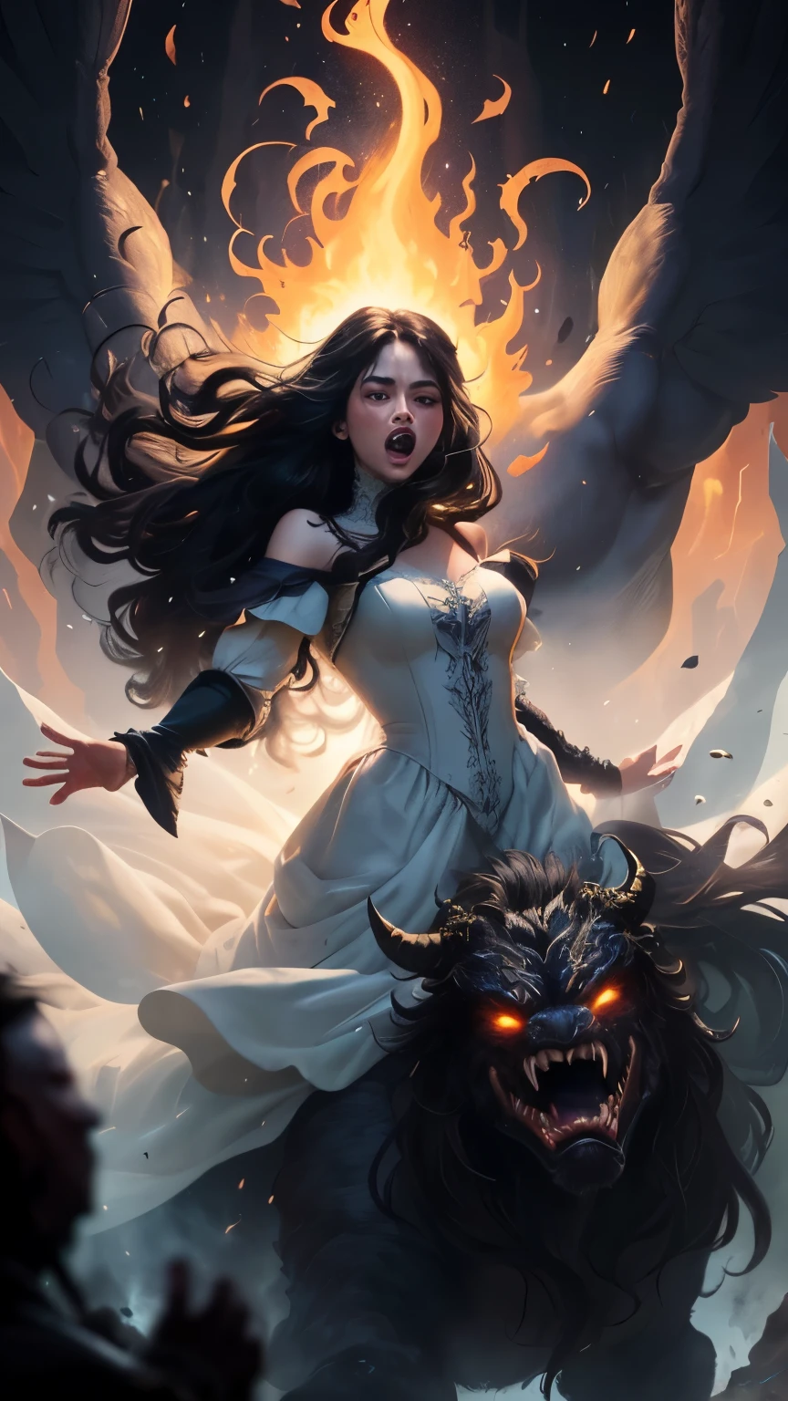 ((best quality)), ((masterpiece)), (detailed), A digital illustration of a furious long black haired woman wearing a full white princess dress throwing the head of a giant monster at night. The background is lava