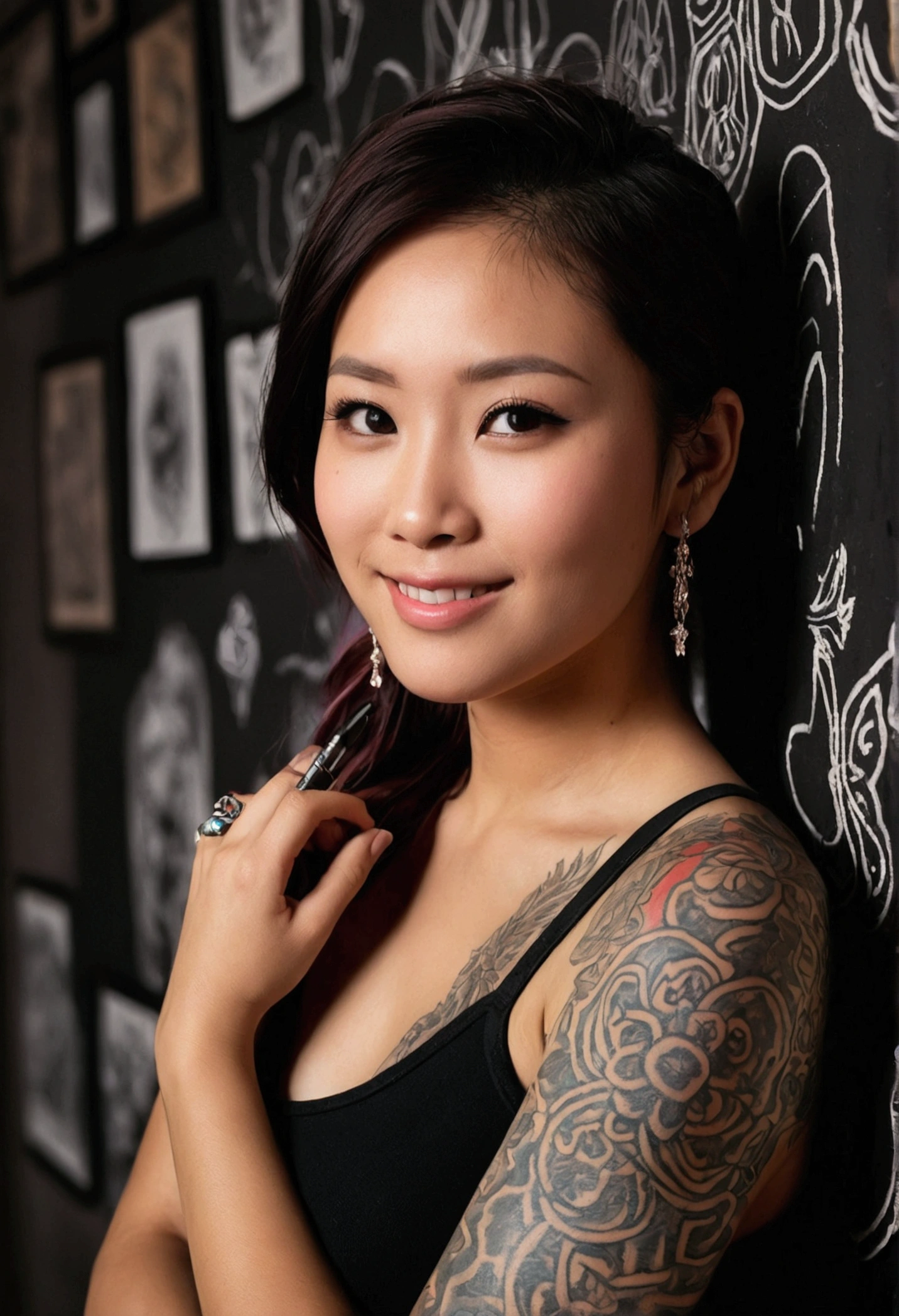 1 woman, solo, raw portrait of (female tattoo artist:0.3) , she sits in her tattoo studio in front of a (darkly painted wall covered in tiny intricate tattoo drawings:1.3)), a variety of tattoo drawings), interior of the tattoo studio we see latest tattoo guns, ink, sanitary items and inspirations, she holds tattooing tool, realistic photo, (40% of photo is black in drawing:1.4), she's has an (amazing tattoos:0.3) skill , (she wears black bra with cute graphic print, dark jeans, bandanna in hair, a piercing) and is intensely looking at camera (studio neon light:0.3), smoky, (Rembrandt lighting:0.9) ,(relaxed intimate photoshoot), beautiful face, smile, intense presence, (Dai woman),neck tattoo of masterpiece, obsessively detailed artwork, ((wall: common designs, usually drawn on paper or cardboard and displayed prominently on the walls or in binders in some tattoo shops. The selection at tattoo studios can be quite mesmerizing)) , cozy relaxed, catching us, beautiful hands, kind eyes, gorgeous warm lighting:1.4, Zhuo Dan Ting, incredible details, ((high contrast)), (deep, darkest shadows), (shadow details:1.0), ((taken using Leica camera, aperture: f/2.3)) , hyper-realistic skin, pores, scar, mole, (she has dark hair pulled away from face, tidy updo), smokey eye makeup, tattooed skin,, her arms relaxed , relaxed moment, she's in dark with natural light glow, (romantic light:1.2), radiant skin, perfectly framed face, smiling, perfect relaxed hands, perfect fingers, (perfect portrait, incredible eyes:1.1), a work of art, sexy beautiful composition, golden ratio, inspiring, (highest quality fabric texture), every detail,Fine facial features – (Highest Quality) ,Leica camera film, High quality ○○ detailed – ○○ details ultra detailed(Ultra-fine ), Photorealistic, Extremely detailed(Extremely detailed) , (highest detail image, lens flare, realistic)○○ res – ○○ resolution ultra high res(A high resolution),playful relaxed photos, pinay, filipina, light brown hair
