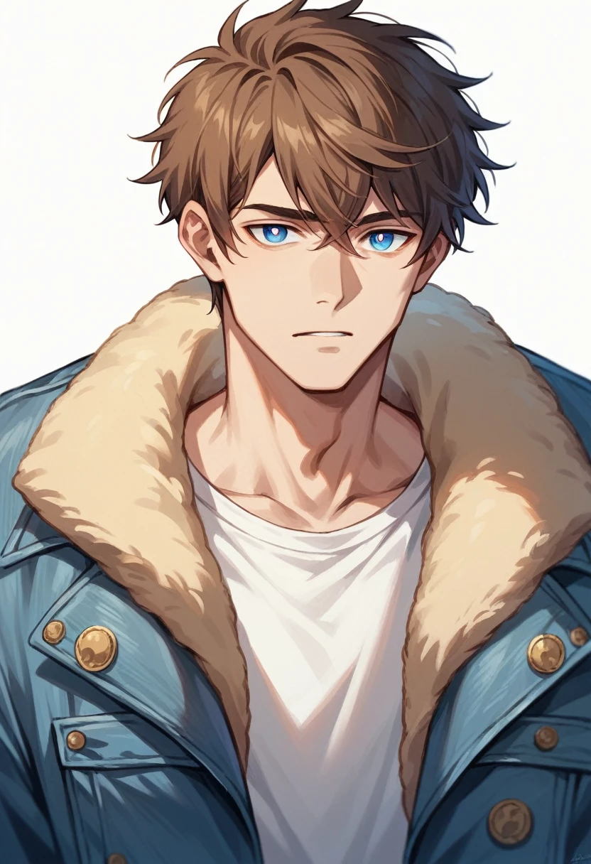  human Male  19 years old  , Brown haircut , white shirt ,sherpa Denim Jacket ,BLUE pupils 