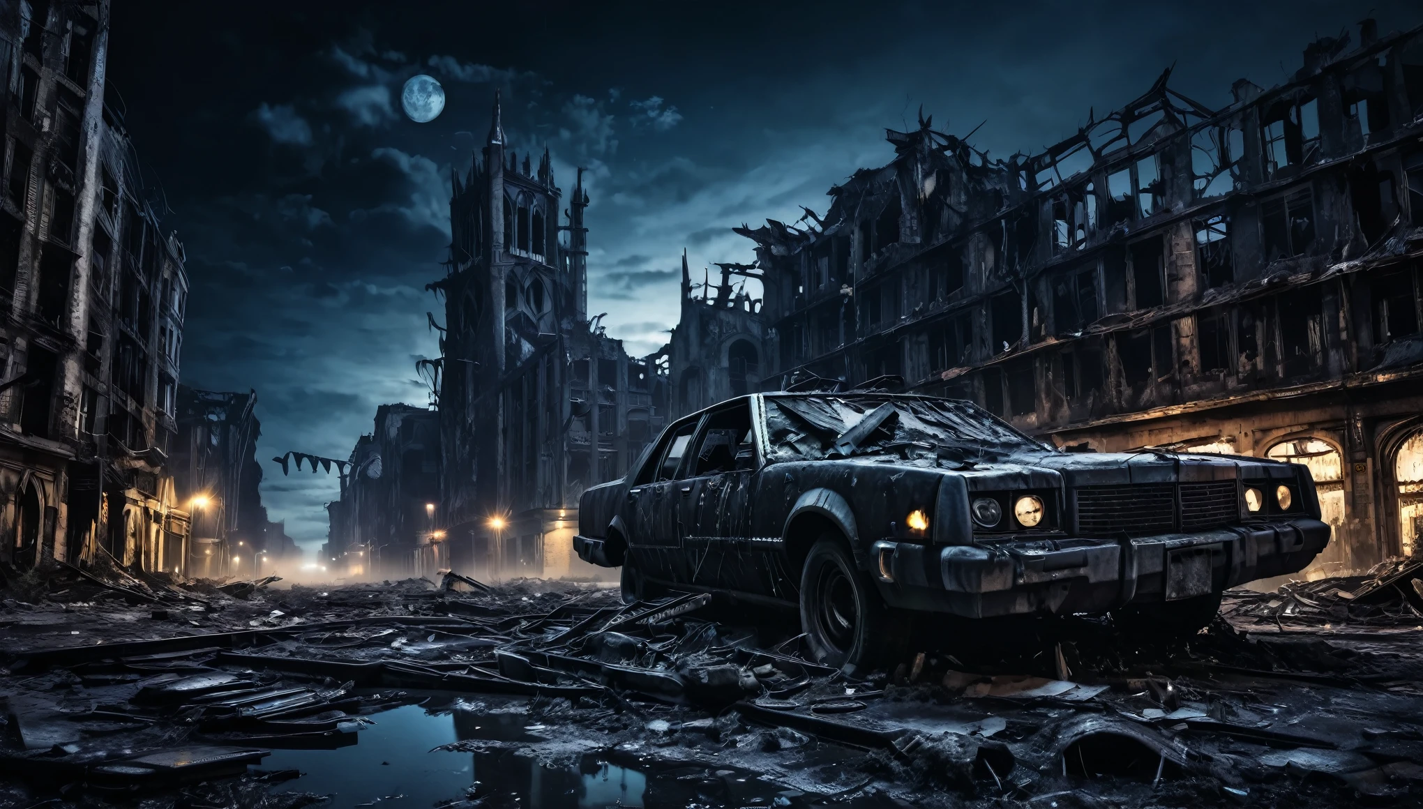 surrealism gothic dark city night post apocalyptic jet destroyed and abandoned at night